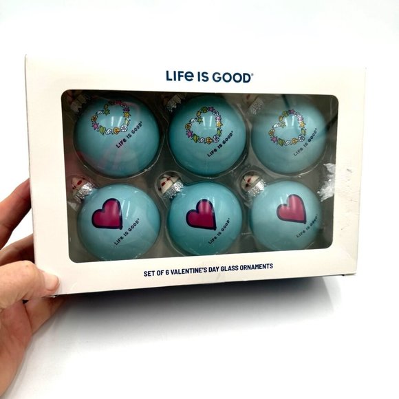 Life Is Good 6 Blue Ornament Balls Red Heart Seashell Heart Decor Christmas - Picture 1 of 9